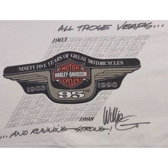 VTG Harley Davidson T-Shirt Size‎ Lg White 1998 'All Those Years' 95th Willie G - Picture 1 of 14